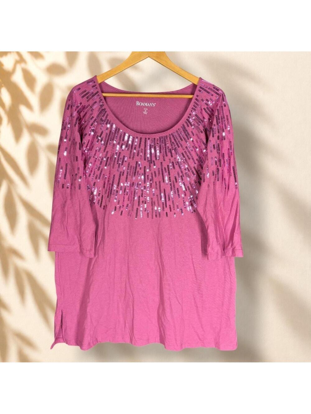 Roaman's Blouse Women M Medium Pink Sequin Short Sleeve Cotton Casual Stretch